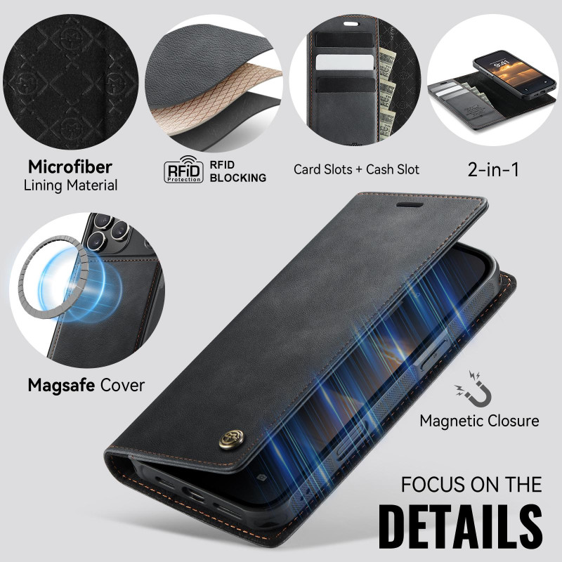 CASEME För iPhone 17 Pro Max Plånboksfodral Magnetisk Avtagbar RFID Skydd - Svart