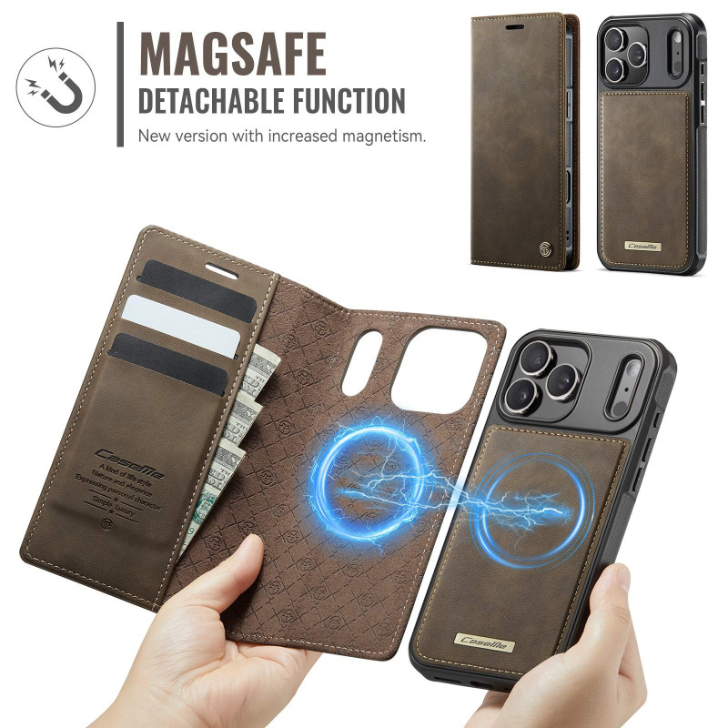 CASEME För iPhone 17 Pro Max Plånboksfodral Magnetisk Avtagbar RFID Skydd - Coffee