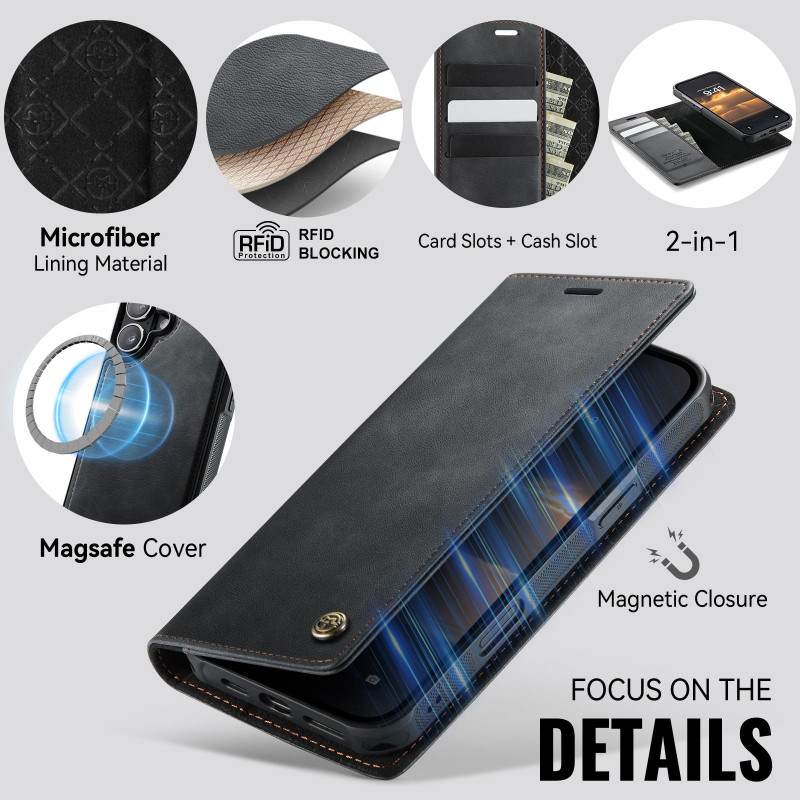 CASEME Til iPhone 16 Pungcover Magnetisk Aftagelig RFID Beskyttelse - Sort