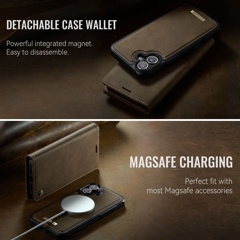 CASEME For iPhone 16 Wallet Case Magnetic Detachable RFID Blocking - Coffee