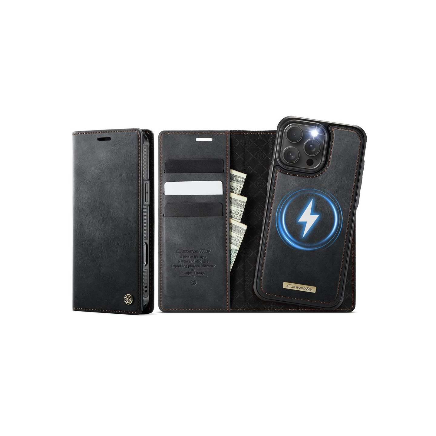 CASEME For iPhone 16 Pro Wallet Case Magnetic Detachable RFID Blocking - Black