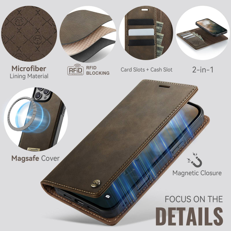 CASEME Til iPhone 16 Pro Lommebokdeksel Magnetisk Avtakbar RFID Beskyttelse - Coffee