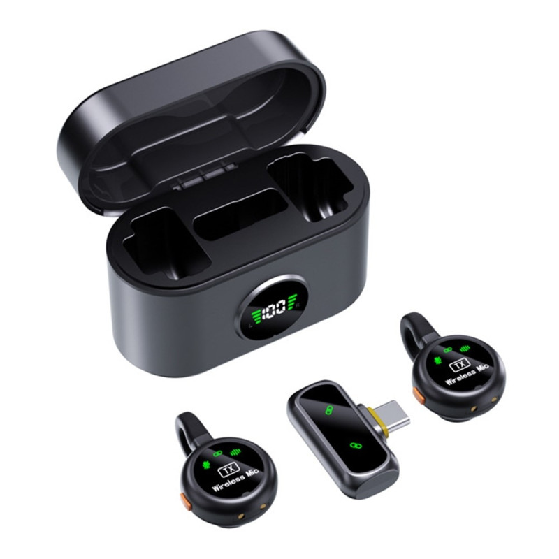 Lavalier Microphone Charging Case USB-C Low Latency 2 Microphones + 1 Receiver