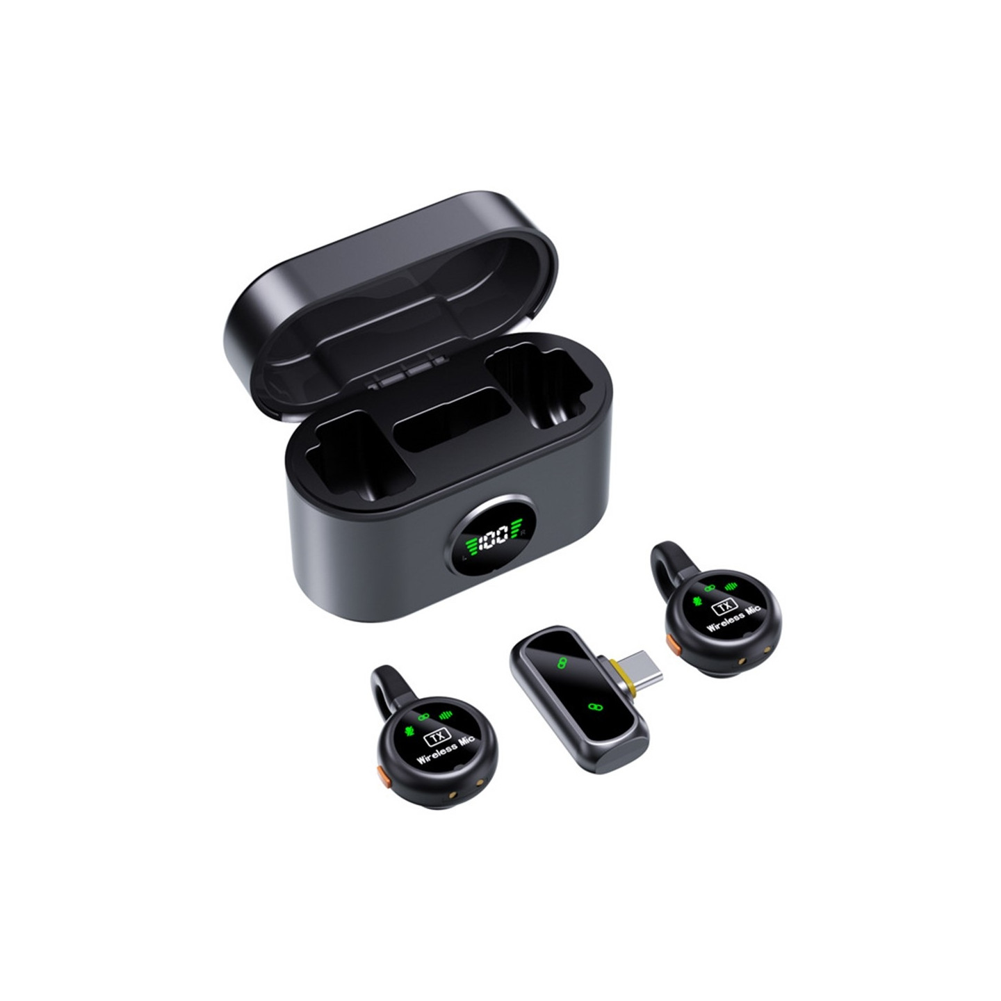 Lavalier-mikrofon opladningsetui USB-C lav latenstid 2 mikrofoner + 1 modtager