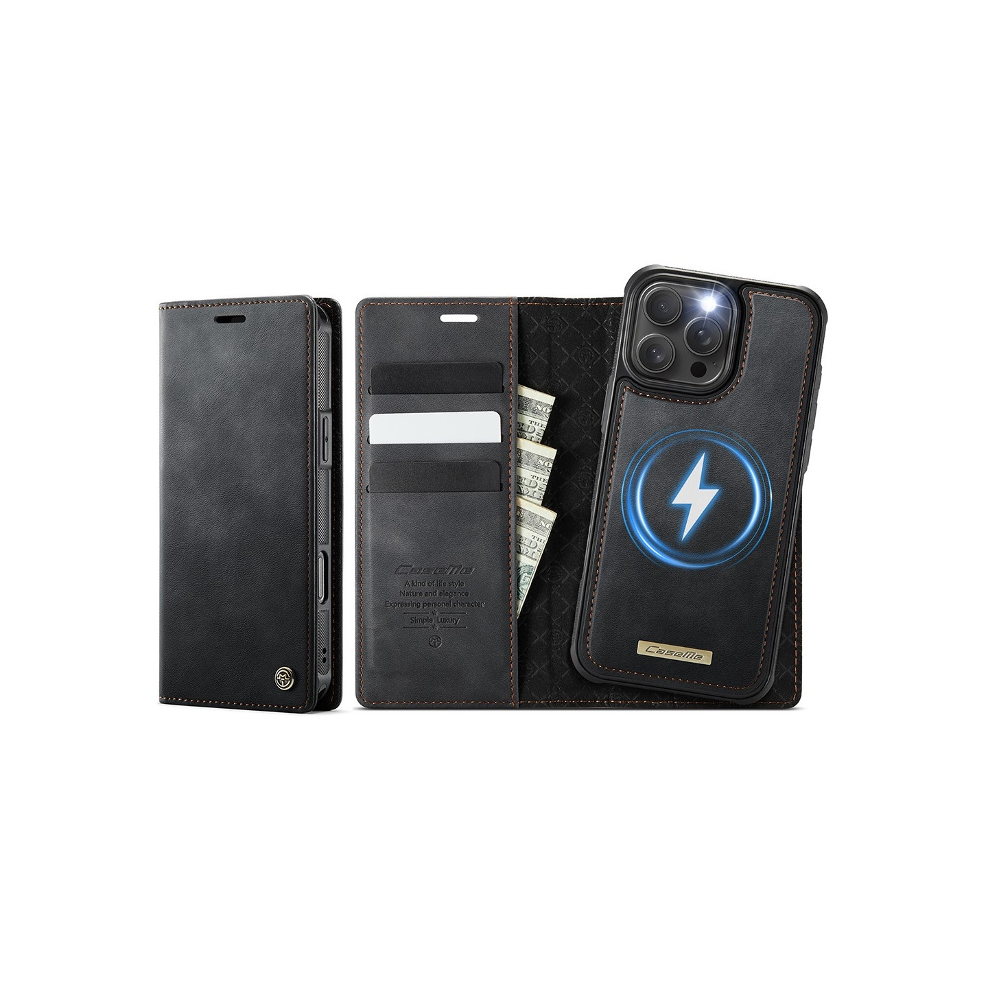 CASEME For iPhone 16 Pro Max Wallet Case Magnetic Detachable RFID Blocking - Black