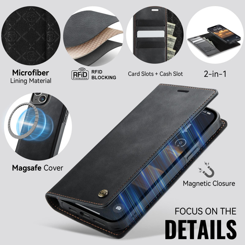 CASEME For iPhone 15 Wallet Case Magnetic Detachable RFID Blocking - Black