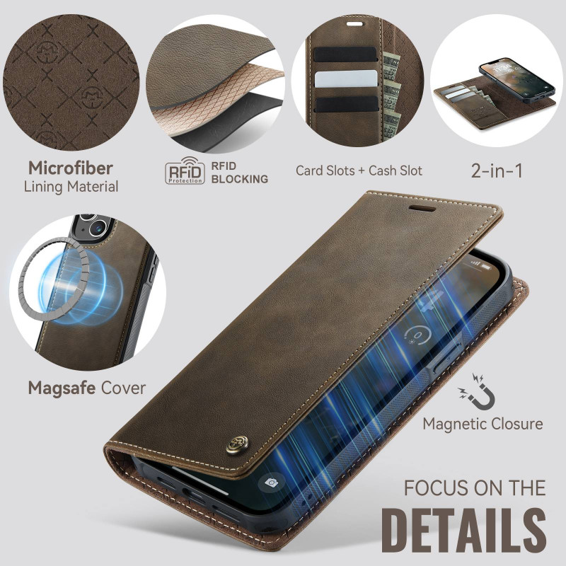 CASEME Til iPhone 15 Lommebokdeksel Magnetisk Avtakbar RFID Beskyttelse - Coffee