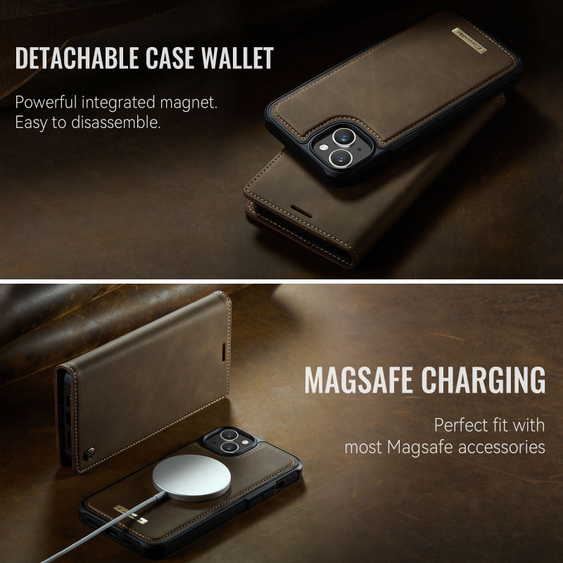 CASEME iPhone 15 Lompakkokotelo Magneettinen Irrotettava RFID Suojaus - Coffee