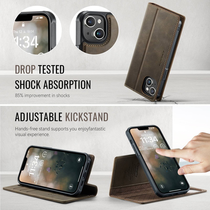 CASEME For iPhone 15 Wallet Case Magnetic Detachable RFID Blocking - Coffee
