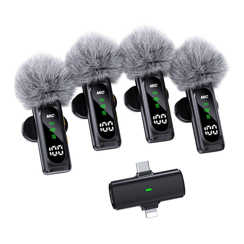 4-i-1 mikrofon med lavalier, OLED, ANC, støydemping, 4 mikrofoner + 1 mottaker