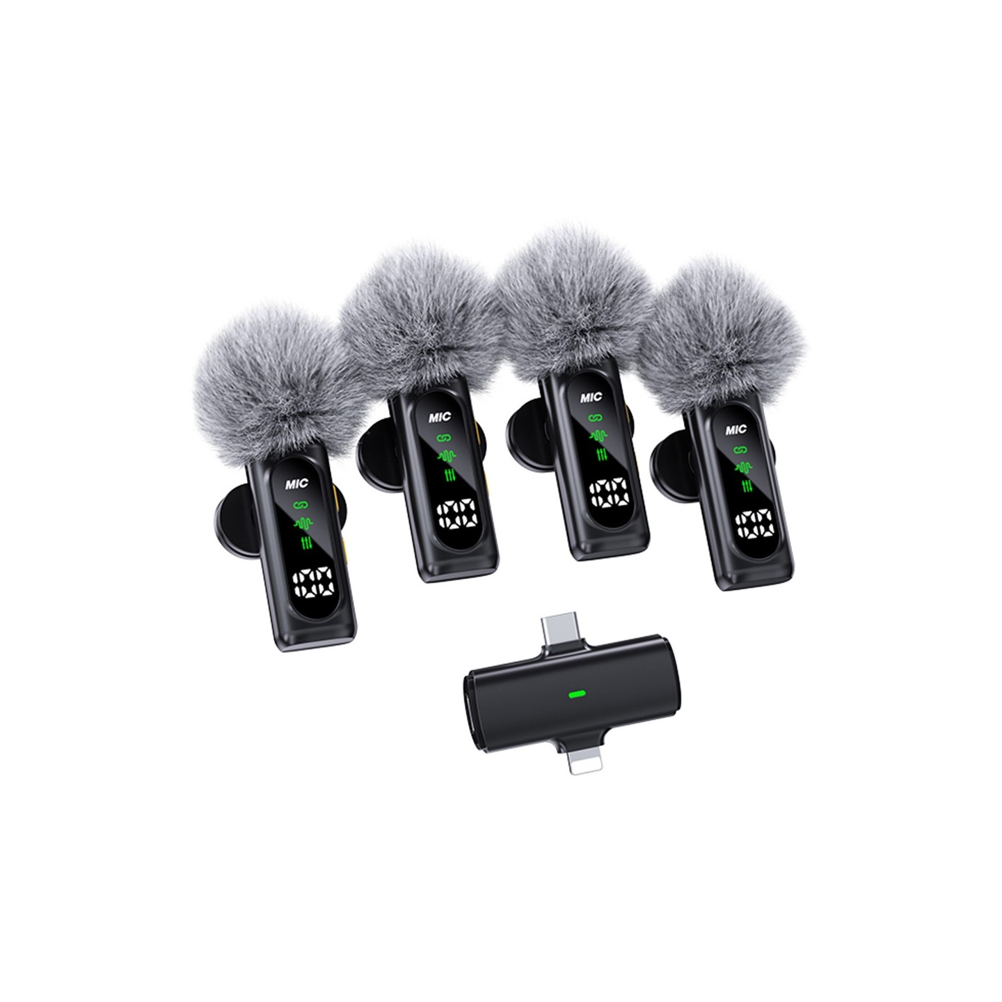4-i-1 mikrofon med lavalier, OLED, ANC, støydemping, 4 mikrofoner + 1 mottaker