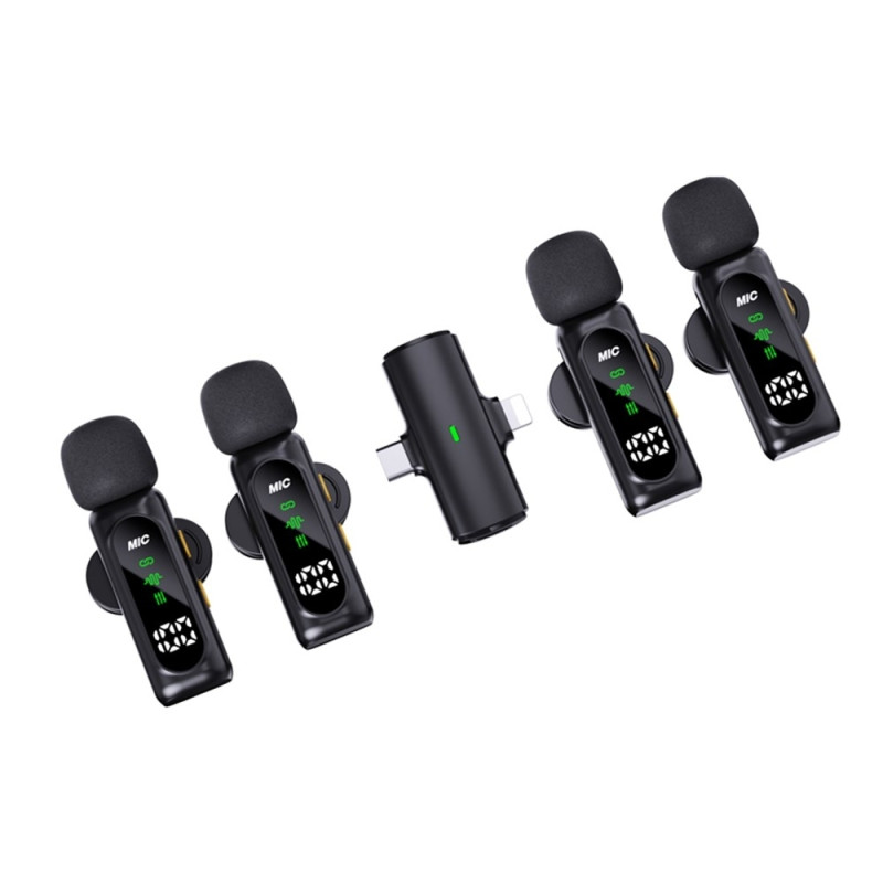 4-i-1 mikrofon med lavalier, OLED, ANC, støydemping, 4 mikrofoner + 1 mottaker