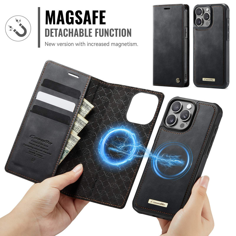 CASEME För iPhone 15 Pro Plånboksfodral Magnetisk Avtagbar RFID Skydd - Svart