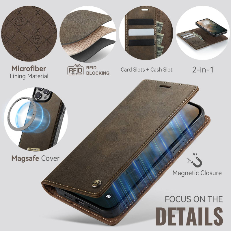 CASEME För iPhone 15 Pro Plånboksfodral Magnetisk Avtagbar RFID Skydd - Coffee
