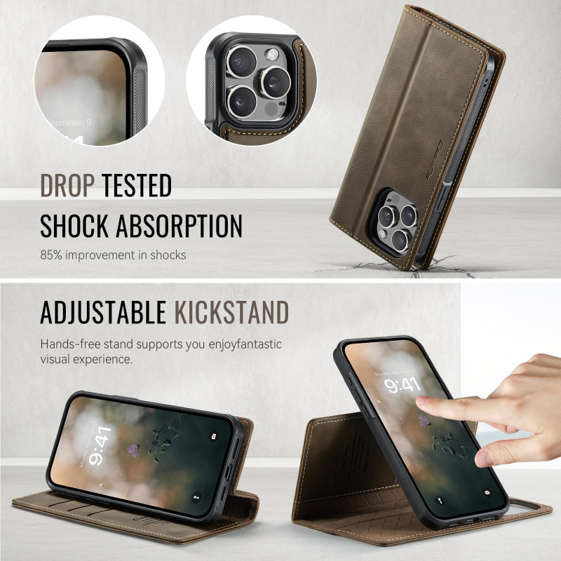 CASEME För iPhone 15 Pro Plånboksfodral Magnetisk Avtagbar RFID Skydd - Coffee