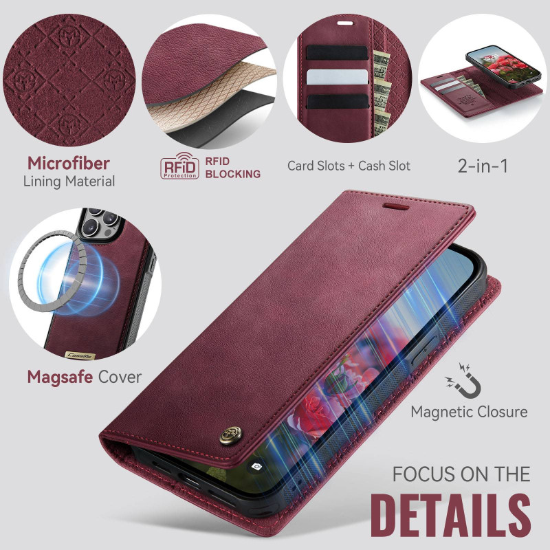 CASEME För iPhone 15 Pro Plånboksfodral Magnetisk Avtagbar RFID Skydd - Röd