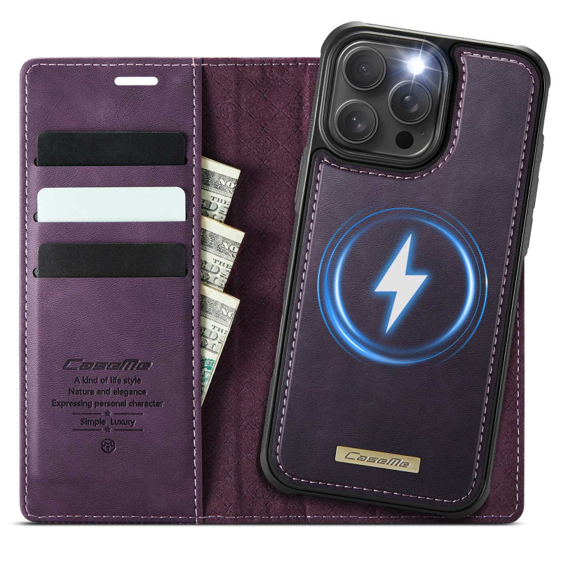 CASEME För iPhone 15 Pro Plånboksfodral Magnetisk Avtagbar RFID Skydd - Lila