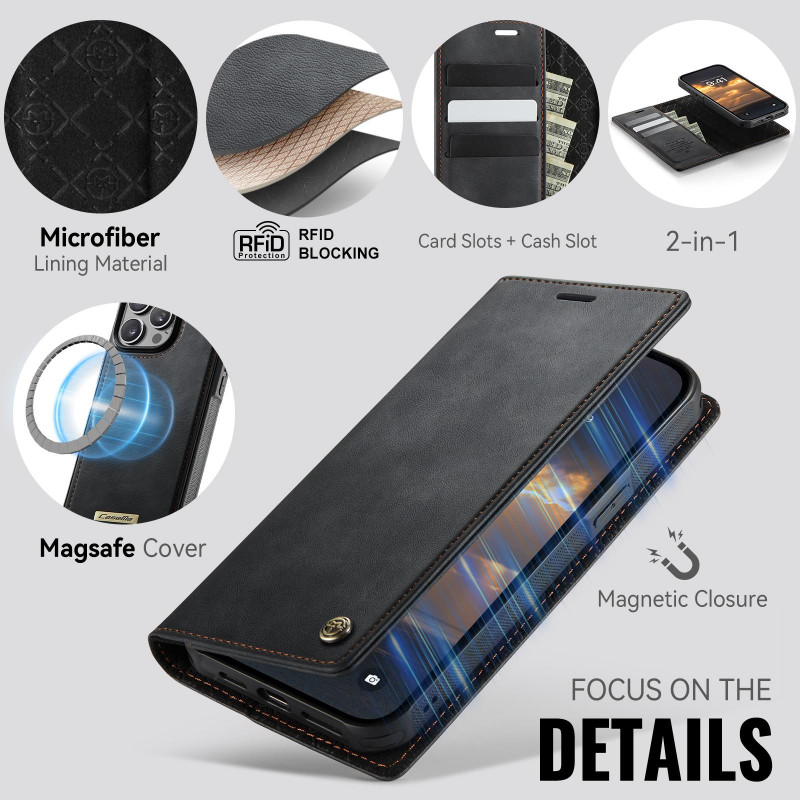 CASEME Til iPhone 15 Pro Max Pungcover Magnetisk Aftagelig RFID Beskyttelse - Sort