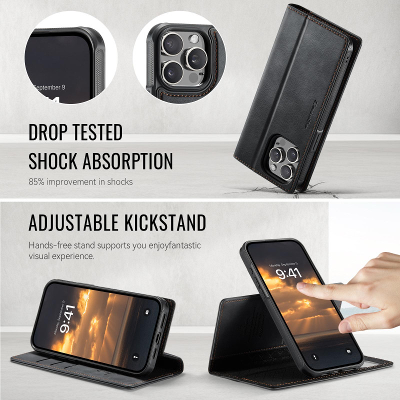 CASEME For iPhone 15 Pro Max Wallet Case Magnetic Detachable RFID Blocking - Black
