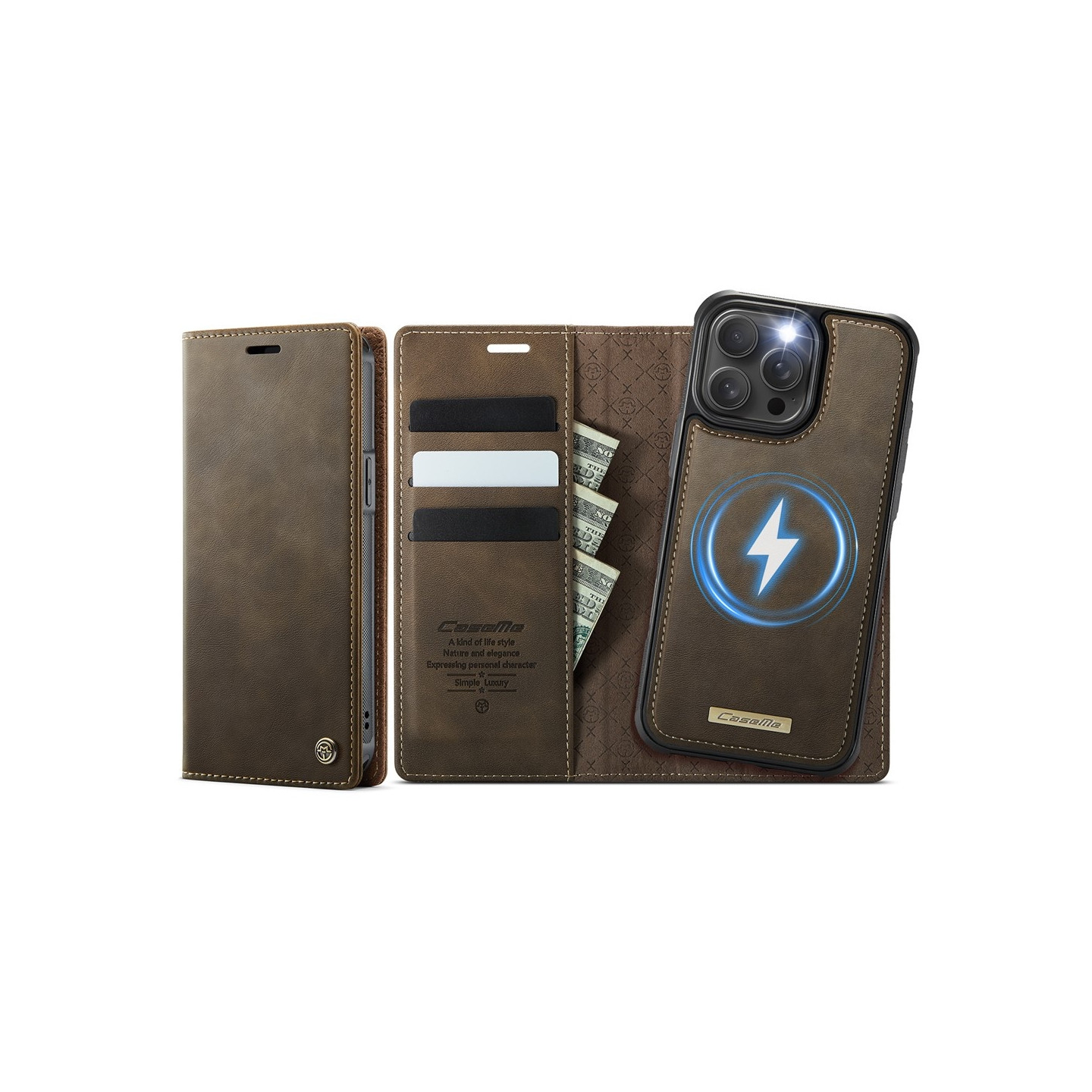 CASEME For iPhone 15 Pro Max Wallet Case Magnetic Detachable RFID Blocking - Coffee