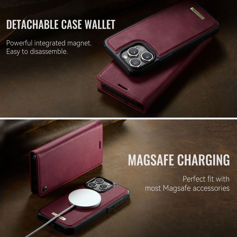CASEME För iPhone 15 Pro Max Plånboksfodral Magnetisk Avtagbar RFID Skydd - Röd