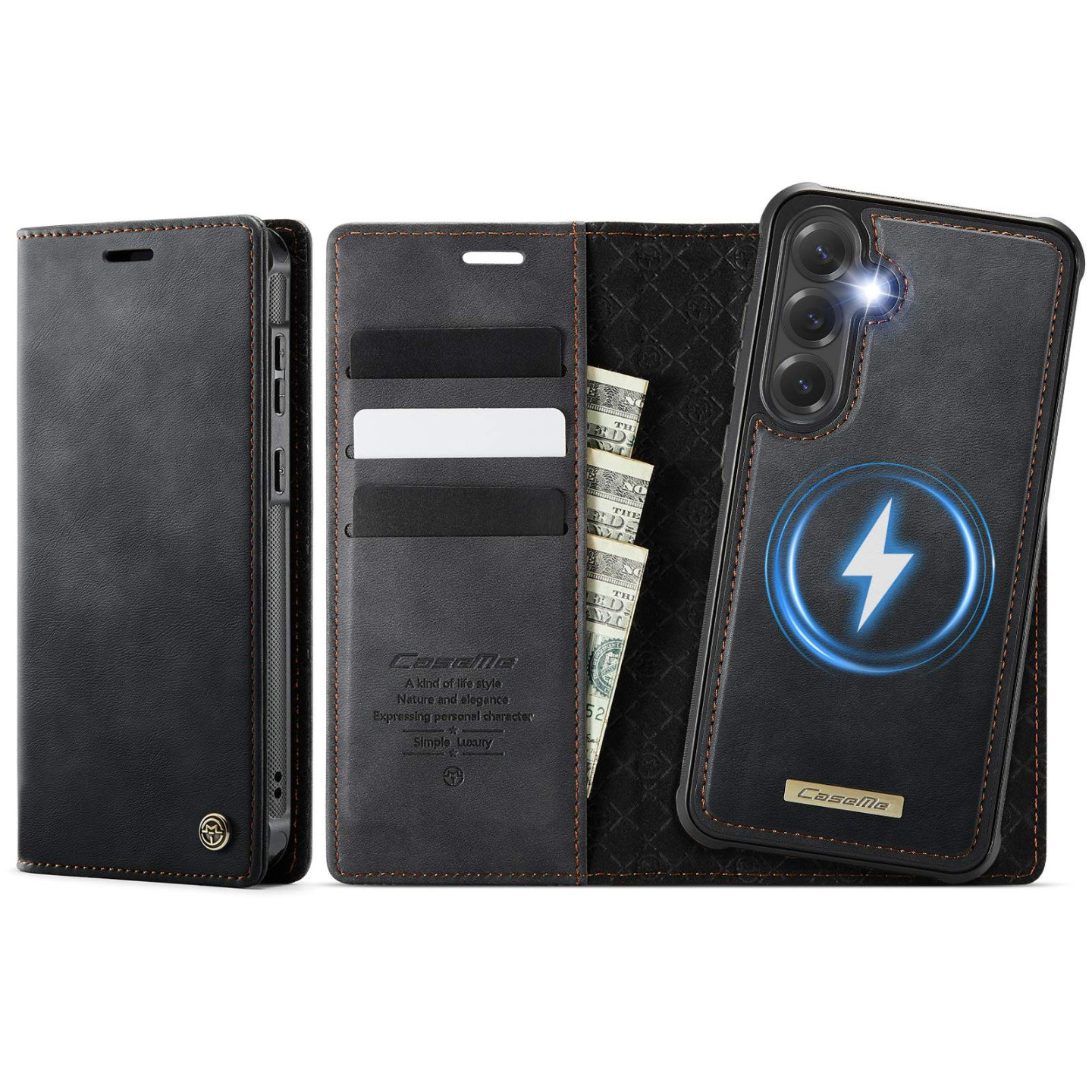 CASEME Samsung Galaxy S25 / S24 Lompakkokotelo Magneettinen Irrotettava RFID Suojaus - Musta