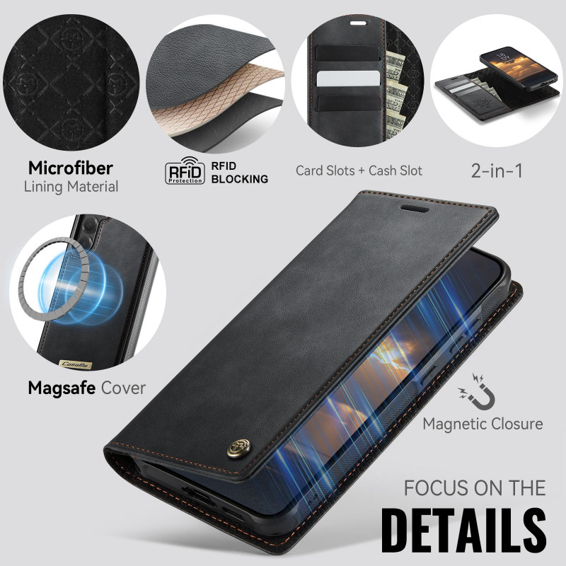 CASEME Til Samsung Galaxy S25 / S24 Pungcover Magnetisk Aftagelig RFID Beskyttelse - Sort