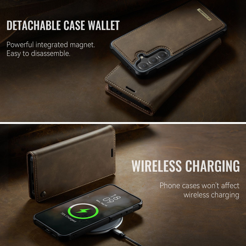 CASEME Til Samsung Galaxy S25 / S24 Lommebokdeksel Magnetisk Avtakbar RFID Beskyttelse - Coffee