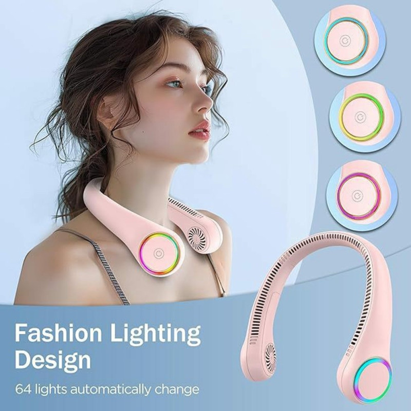 Kannettava kaulatuuletin, 3 nopeutta, terätön ladattava, handsfree-LED-valot