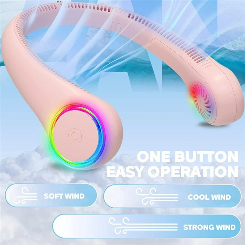 Fan Portable Neck Fan 3 Speeds Bladeless Rechargeable Handsfree LED Lights