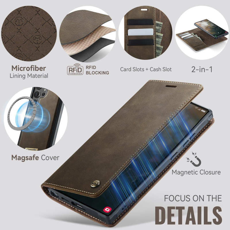 CASEME Samsung Galaxy S24 Ultra Lompakkokotelo Magneettinen Irrotettava RFID Suojaus - Coffee