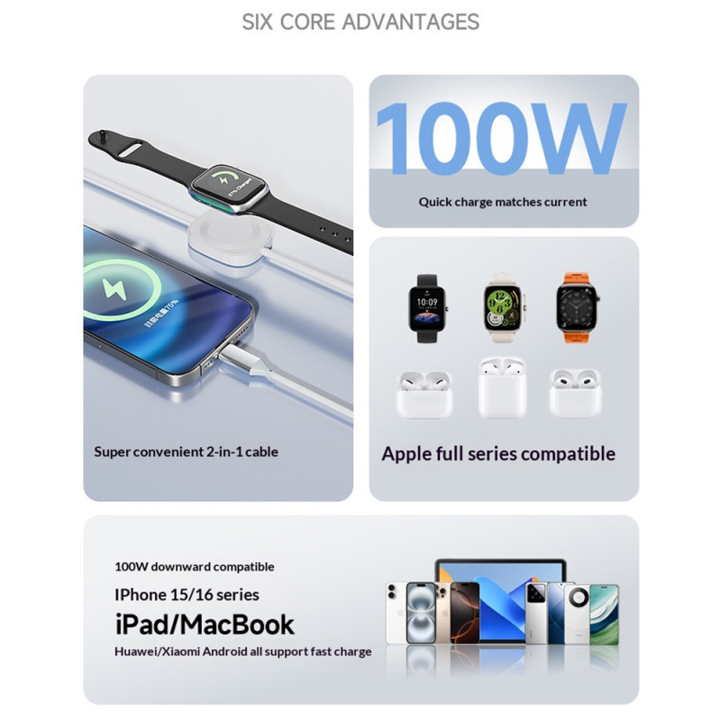 1,2 m 2-i-1 USB-C ladekabel iPhone/A Watch 100 W magnetisk trådløs lader
