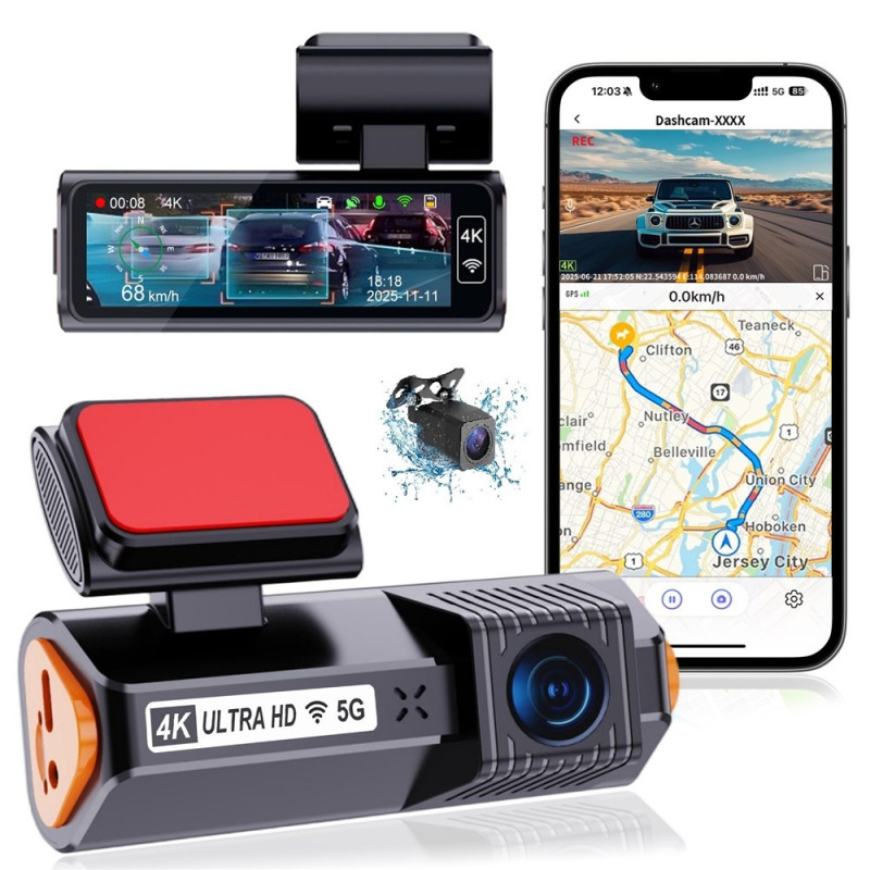 4K dashbordkamera med ADAS, front- og bakkamera, GPS, 5G-WiFi, nattsyn og loop-opptak DVR