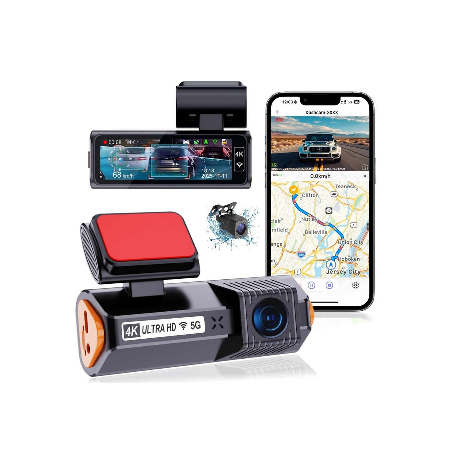 4K dashbordkamera med ADAS, front- og bakkamera, GPS, 5G-WiFi, nattsyn og loop-opptak DVR