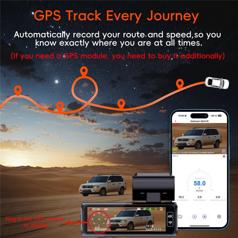 4K Dash Cam ADAS Front Rear GPS 5G WiFi Night Vision Loop Recording Dash Camera DVR