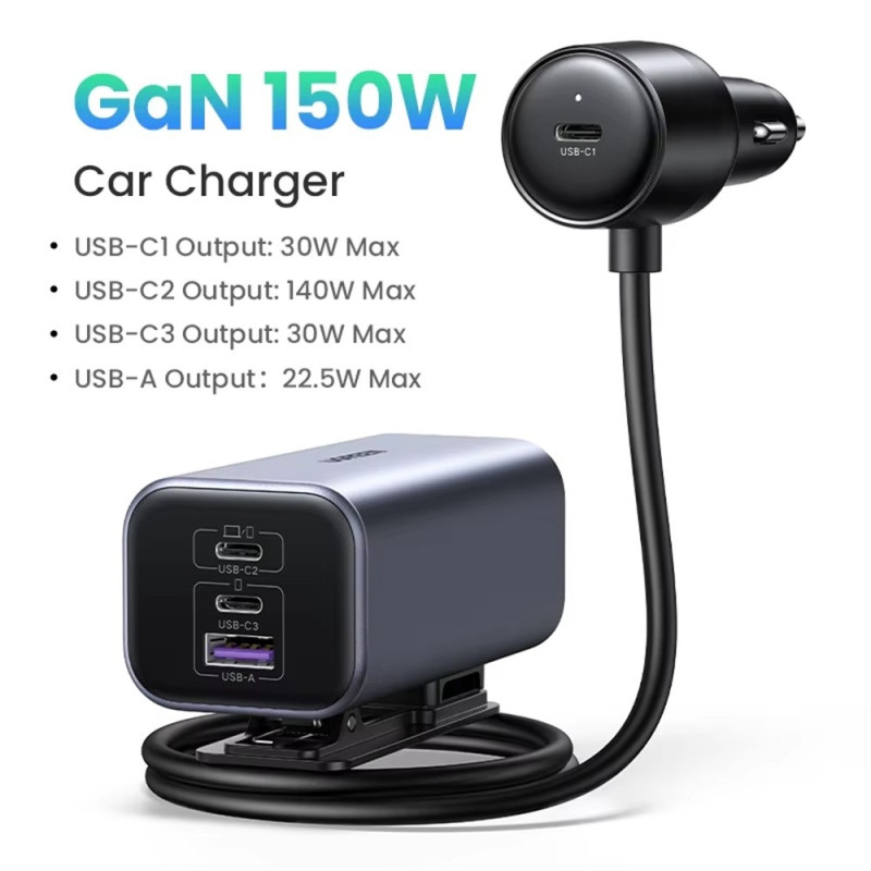 UGREEN 150W Autolaturi 3 USB-C + 1 USB-A Pikalataus Jatkokaapelilla