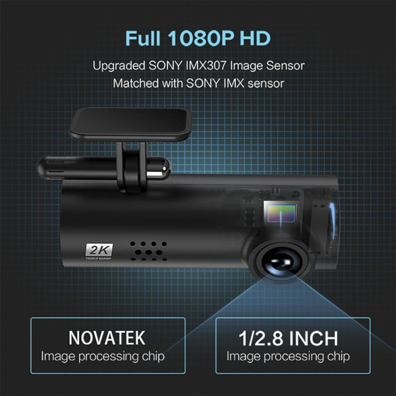 2K-dashcam (1296P) – vidvinkel-bilkamera med nattesyn, G-sensor, Wi-Fi og DVR