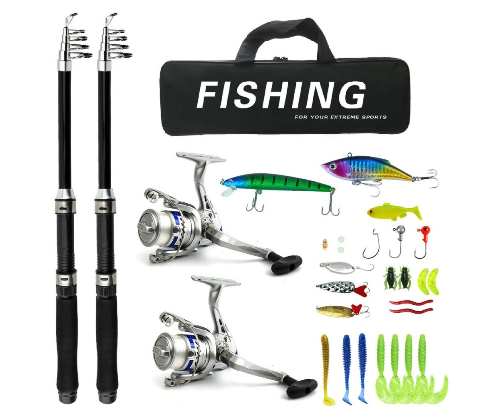 2 Fiskespön + tillbehör fiskespö 1,8 m teleskopiskt spö fiskeredskap med rulle