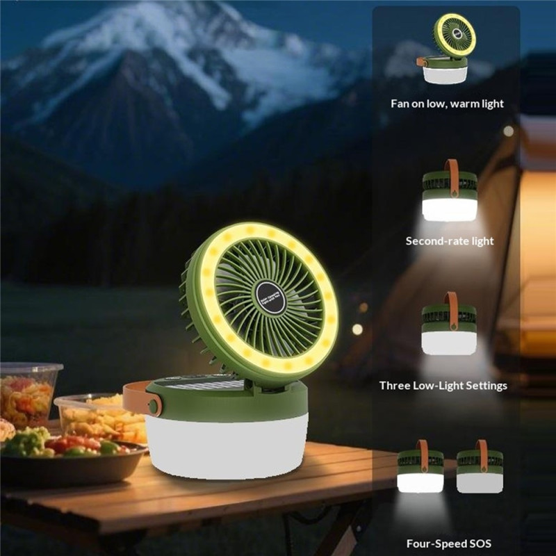 Solcelledrevet campingvifte og -lys (3-i-1): LED-lykt, 3000 mAh-strømbank
