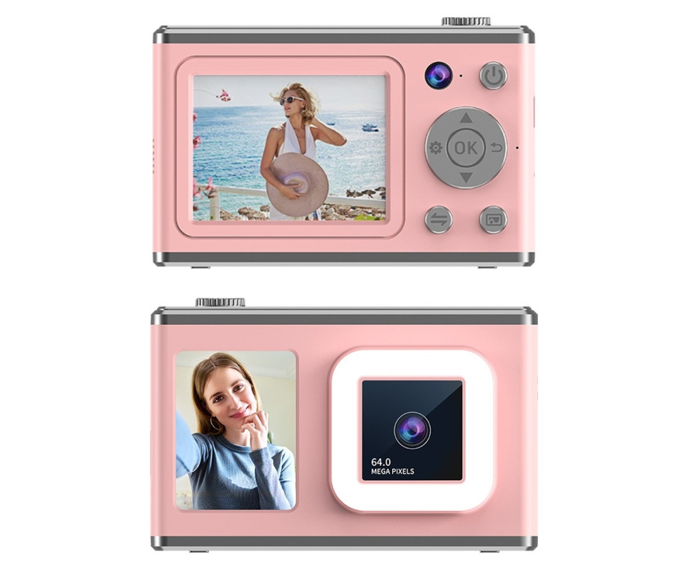 2,4" Skärm Dual Lens Videoinspelning CCD Digitalkamera med 32GB kort + Läsare - Rosa