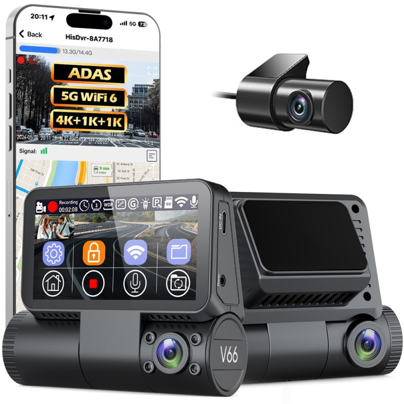 4K-dashbordkamera med berøringsskjerm – 3 kanaler (front, kupé, bak) – WiFi, GPS, ADAS, nattsyn – Bil-DVR