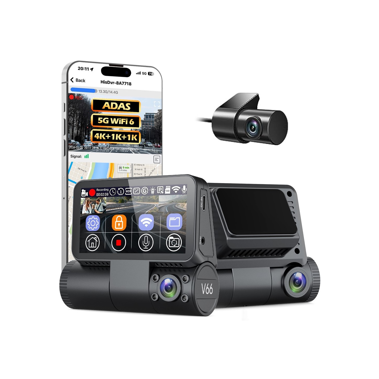 4K-dashcam med touchskærm – 3 kanaler (front, kabine, bag) – WiFi, GPS, ADAS, nattesyn – Bil-DVR