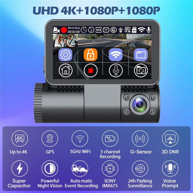 4K-dashcam med touchskærm – 3 kanaler (front, kabine, bag) – WiFi, GPS, ADAS, nattesyn – Bil-DVR