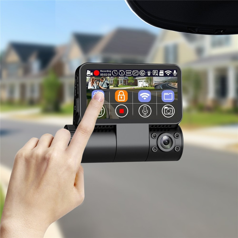 4K-dashbordkamera med berøringsskjerm – 3 kanaler (front, kupé, bak) – WiFi, GPS, ADAS, nattsyn – Bil-DVR