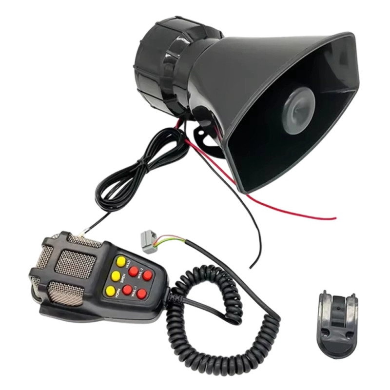 12V Electronic Car Siren Horn with 7 Sound Modes, 110 dB, and PA System Microphone