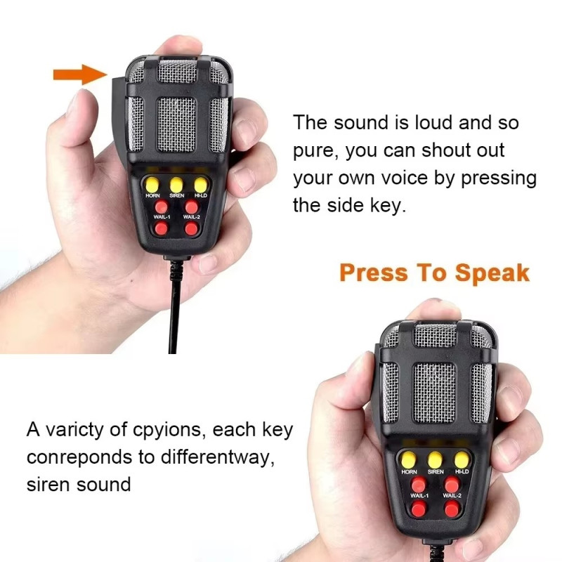 12V Electronic Car Siren Horn with 7 Sound Modes, 110 dB, and PA System Microphone