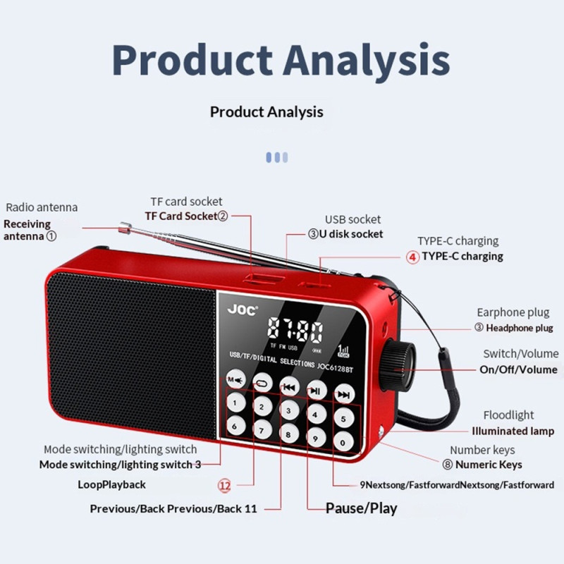 6128BT digital radio with LED display, emergency light, Bluetooth support, and TF card reader.