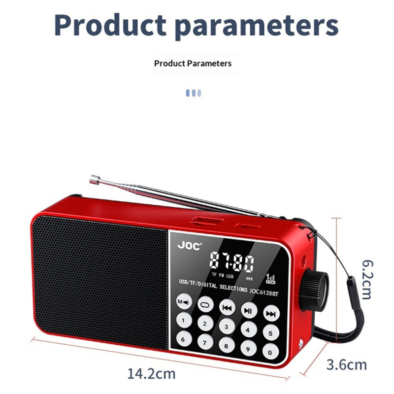 6128BT digitalradio med LED-display, nødlys, Bluetooth-understøttelse og TF-kortlæser.