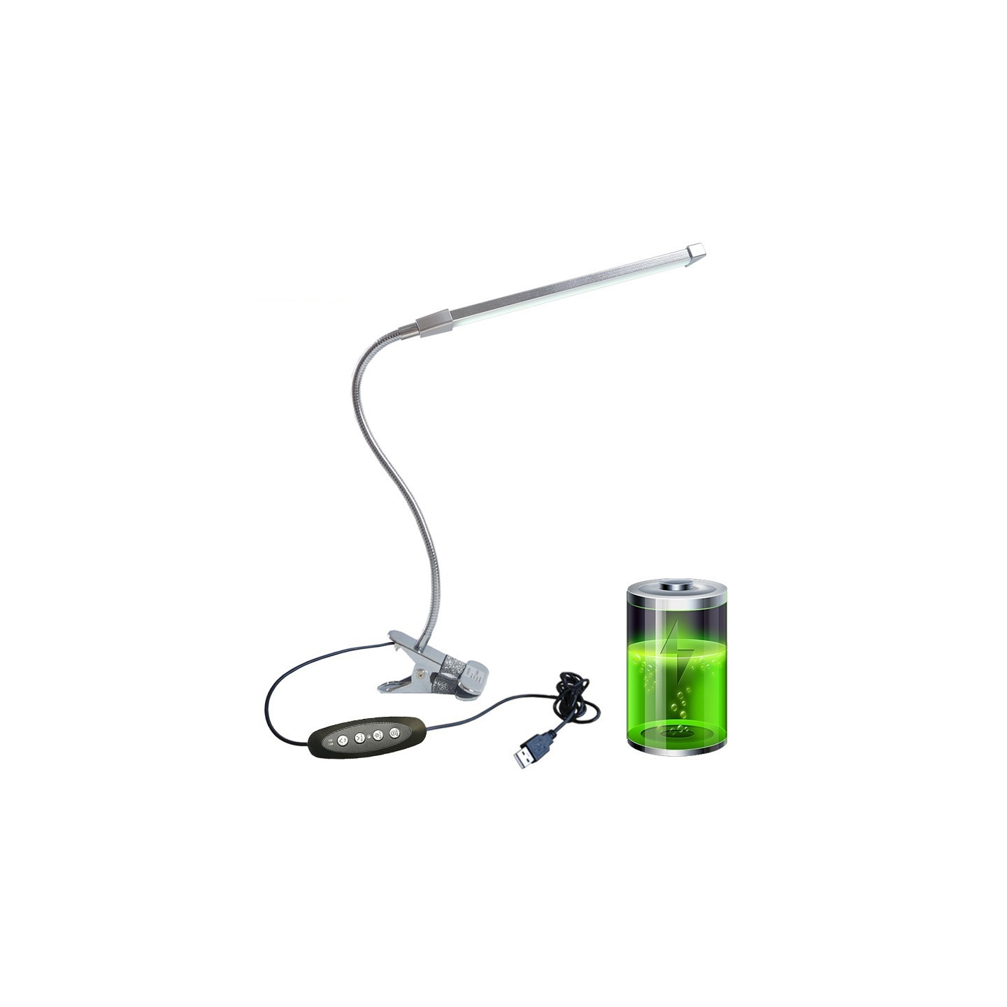 Lampe, læselampe, klemmodel, genopladelig LED, justerbar farvetemperatur – Sølv