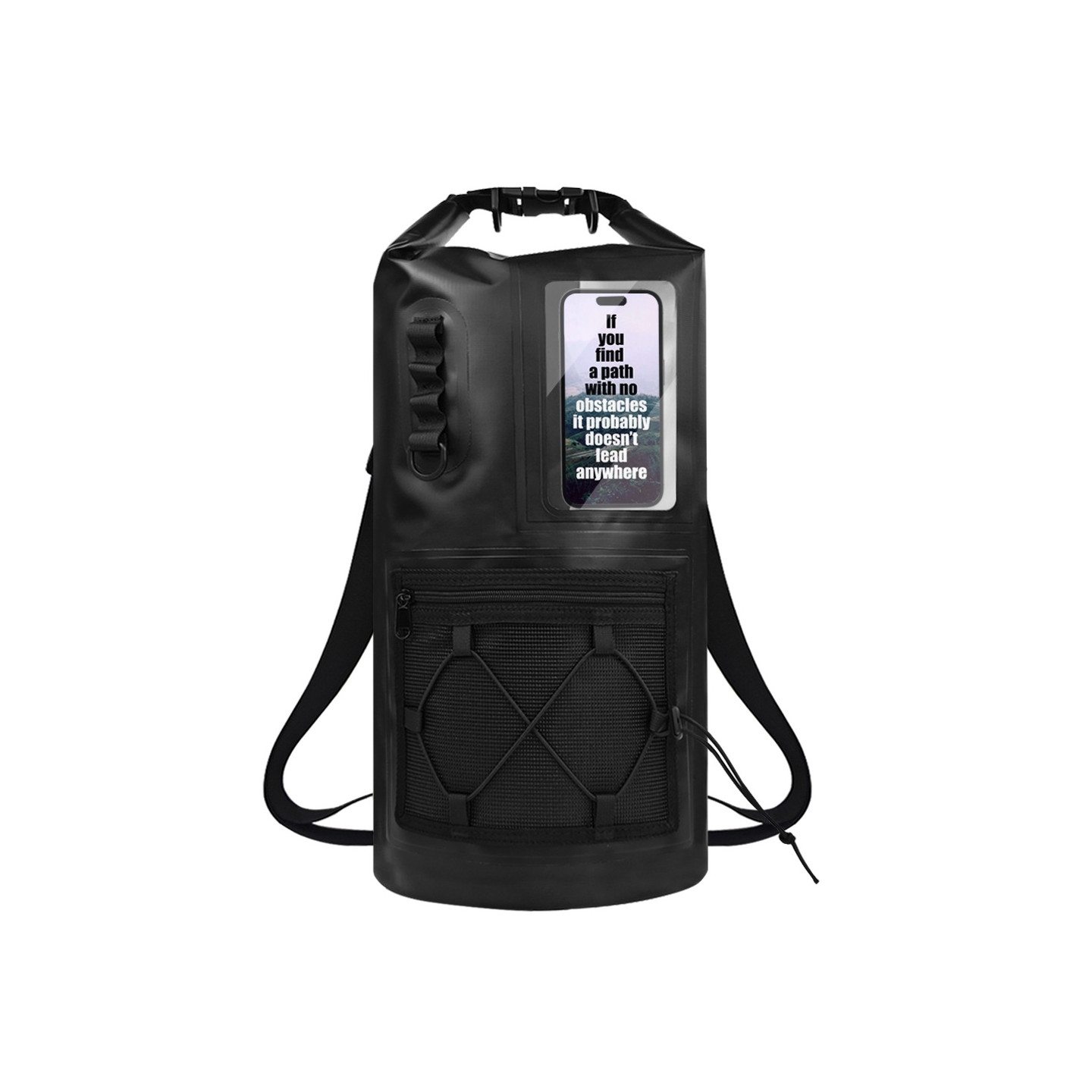 20-liter waterproof PVC backpack (IPX6) with roll-top closure and transparent window